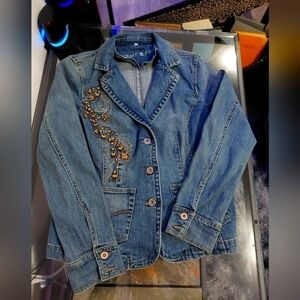 Point Zero Medium Light Blue Jean Jacket with Floral Design Womens XL